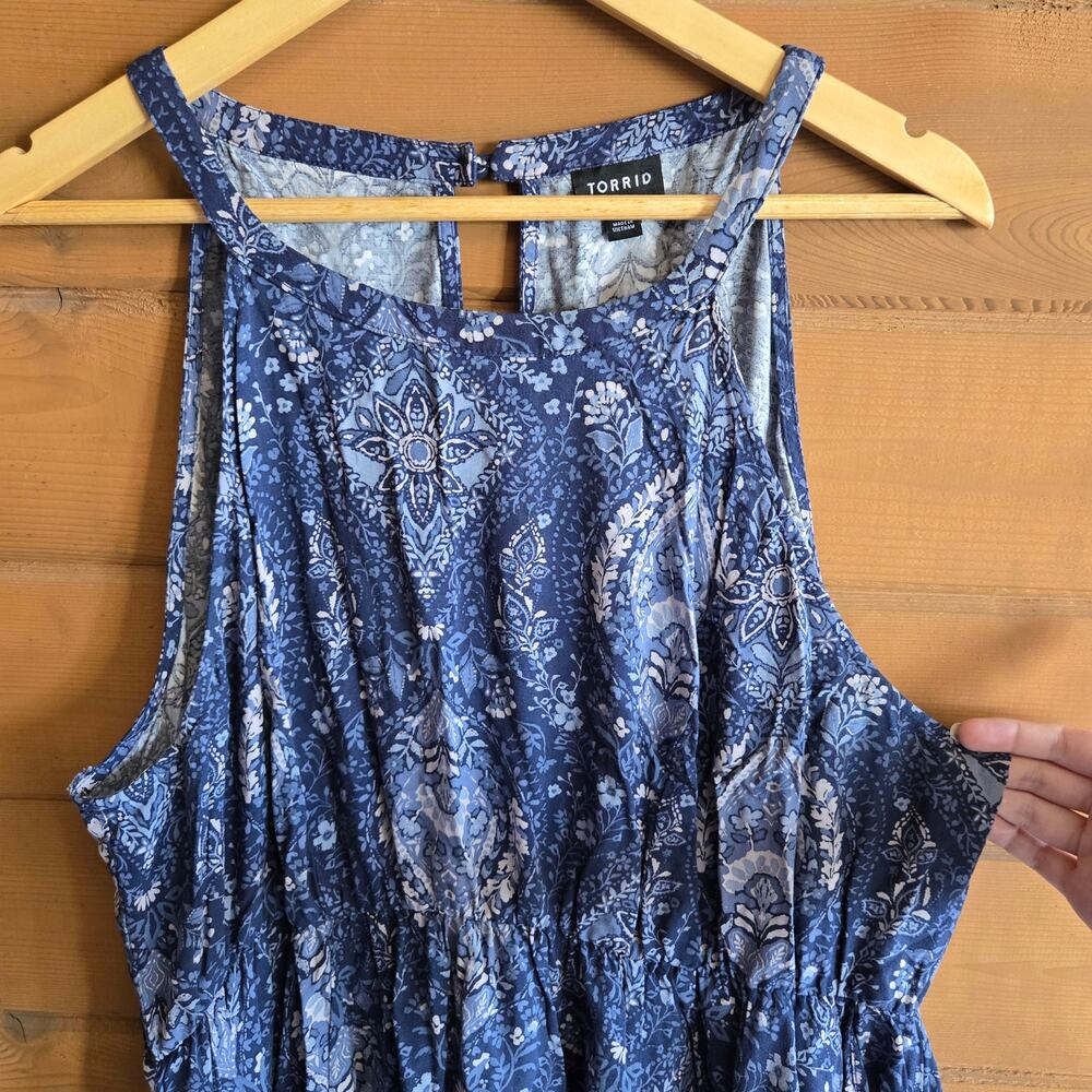 Torrid A-Line Mini Dress Blue Geo 2X Halter High Low Pocket Boho Summer Cottage - Picture 4 of 5
